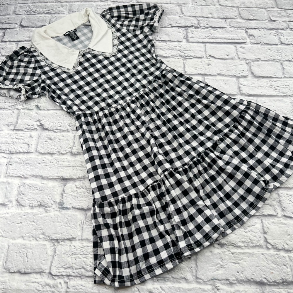 Hot Topic Gingham Mini Dress Black White Peter Pan Collar Lace Trim Small